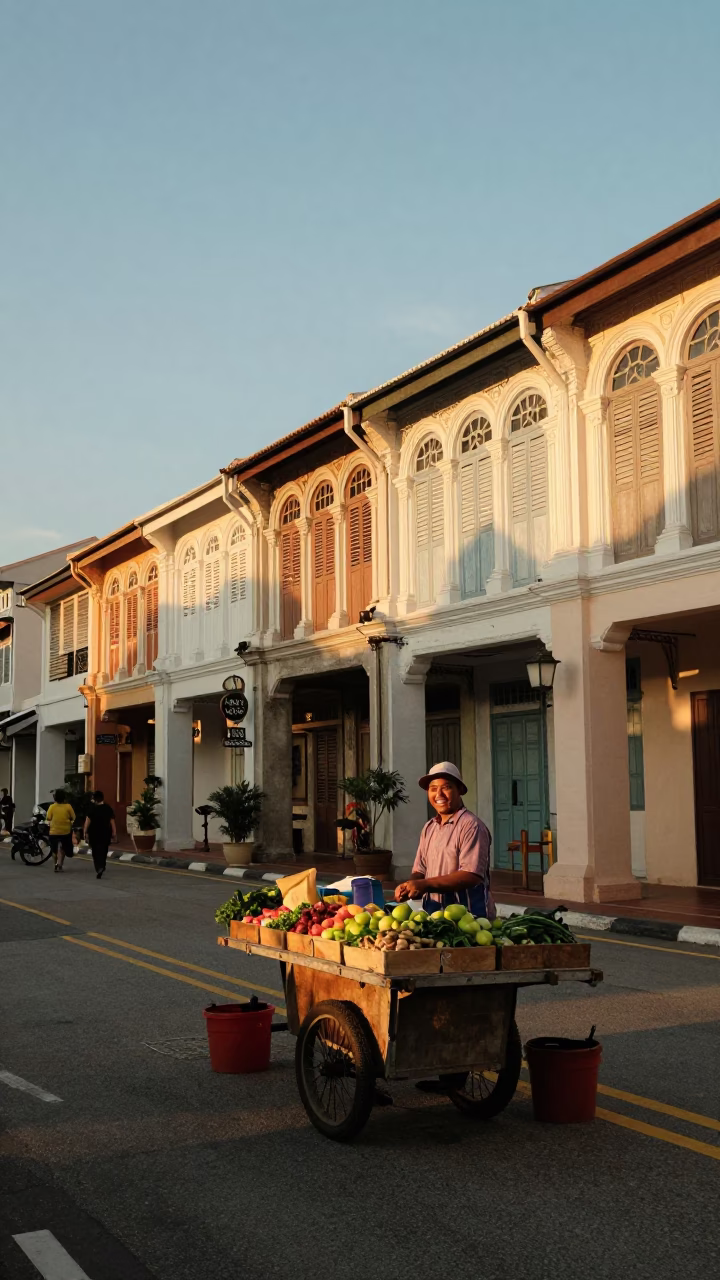 George Town Malaysia Street Scene at Golden Hour with Local Vendor and Traditional Architecture in in George Town, Malaysia