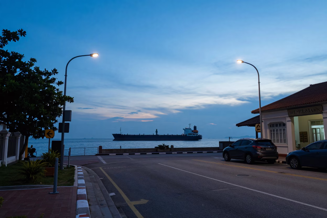 George Town Malaysia street scene at nautical dawn with cargo ship horizon in in George Town, Malaysia
