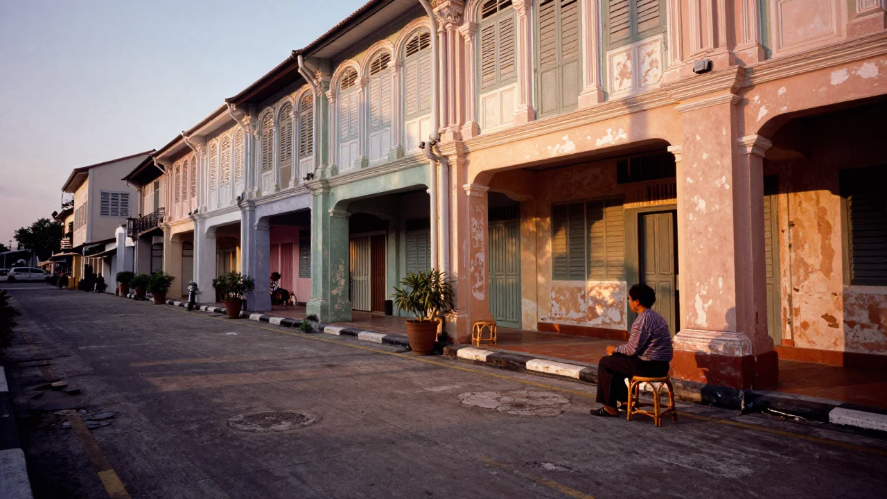George Town Malaysia street scene at sunset with rattan stool and heritage architecture in in George Town, Malaysia