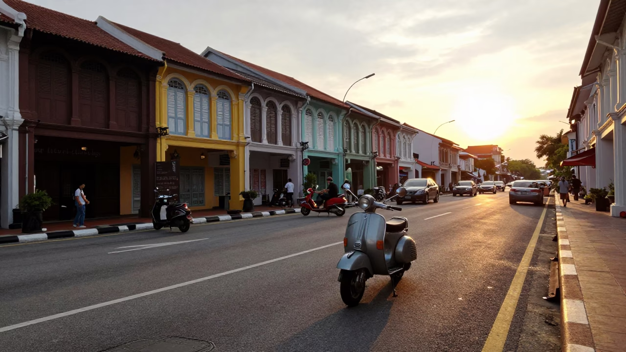 George Town Malaysia Street Scene at Sunset with Scooter and Bucket in in George Town, Malaysia