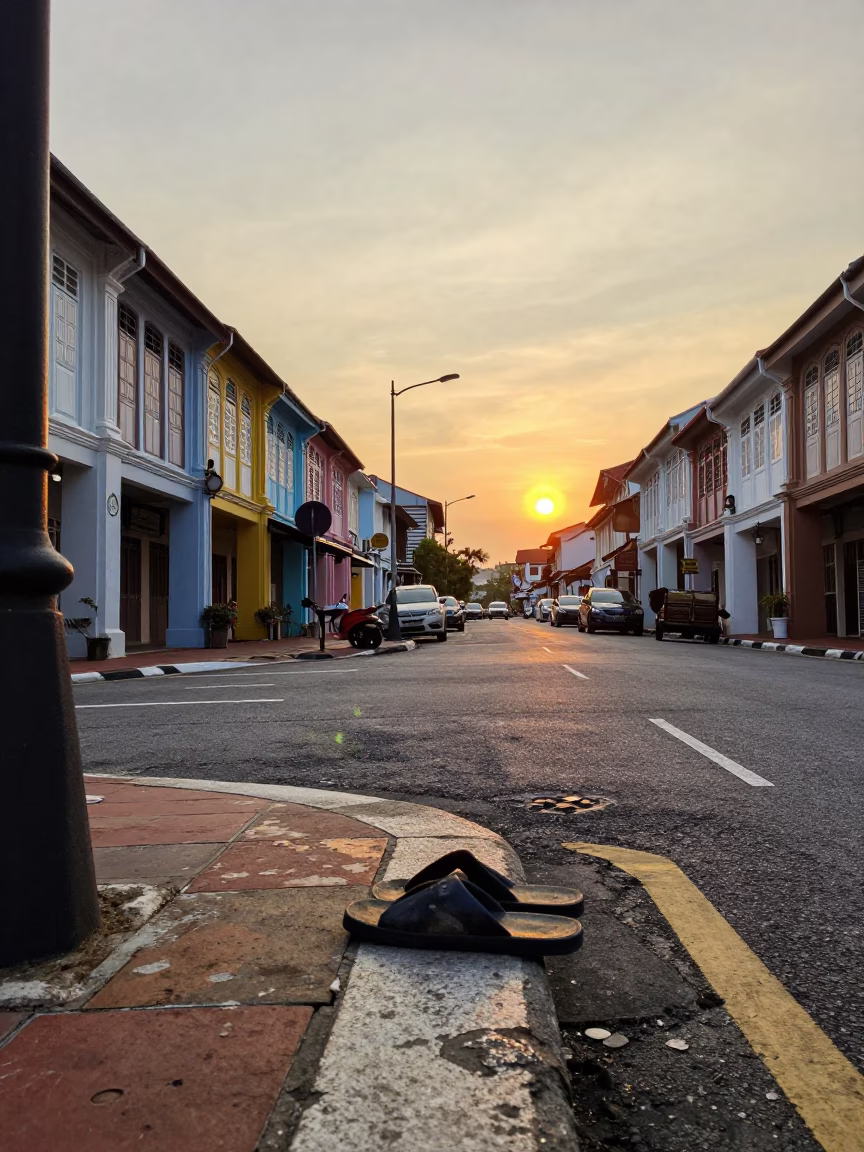 George Town Malaysia Street Scene at Sunset with Slippers and Local Life in in George Town, Malaysia