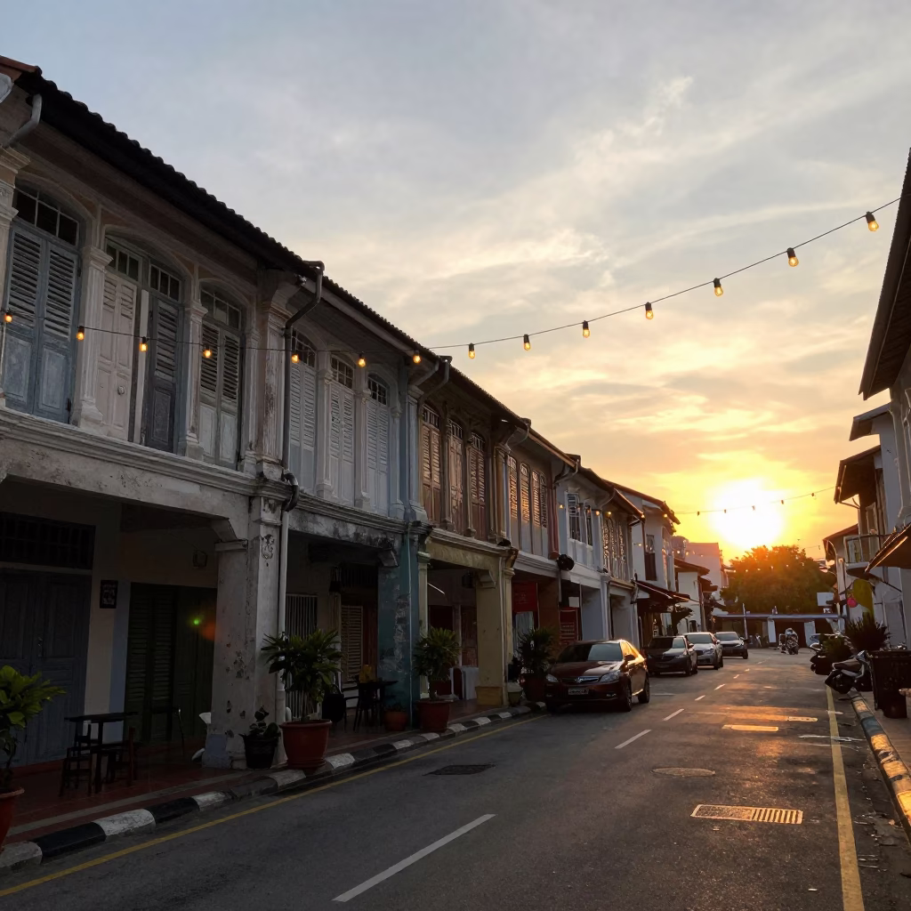 George Town Malaysia Street Scene at Sunset with String Lights and Local Architecture in in George Town, Malaysia