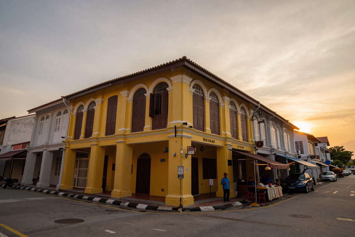 George Town Malaysia street scene at sunset with traditional shophouses and local vendors in in George Town, Malaysia