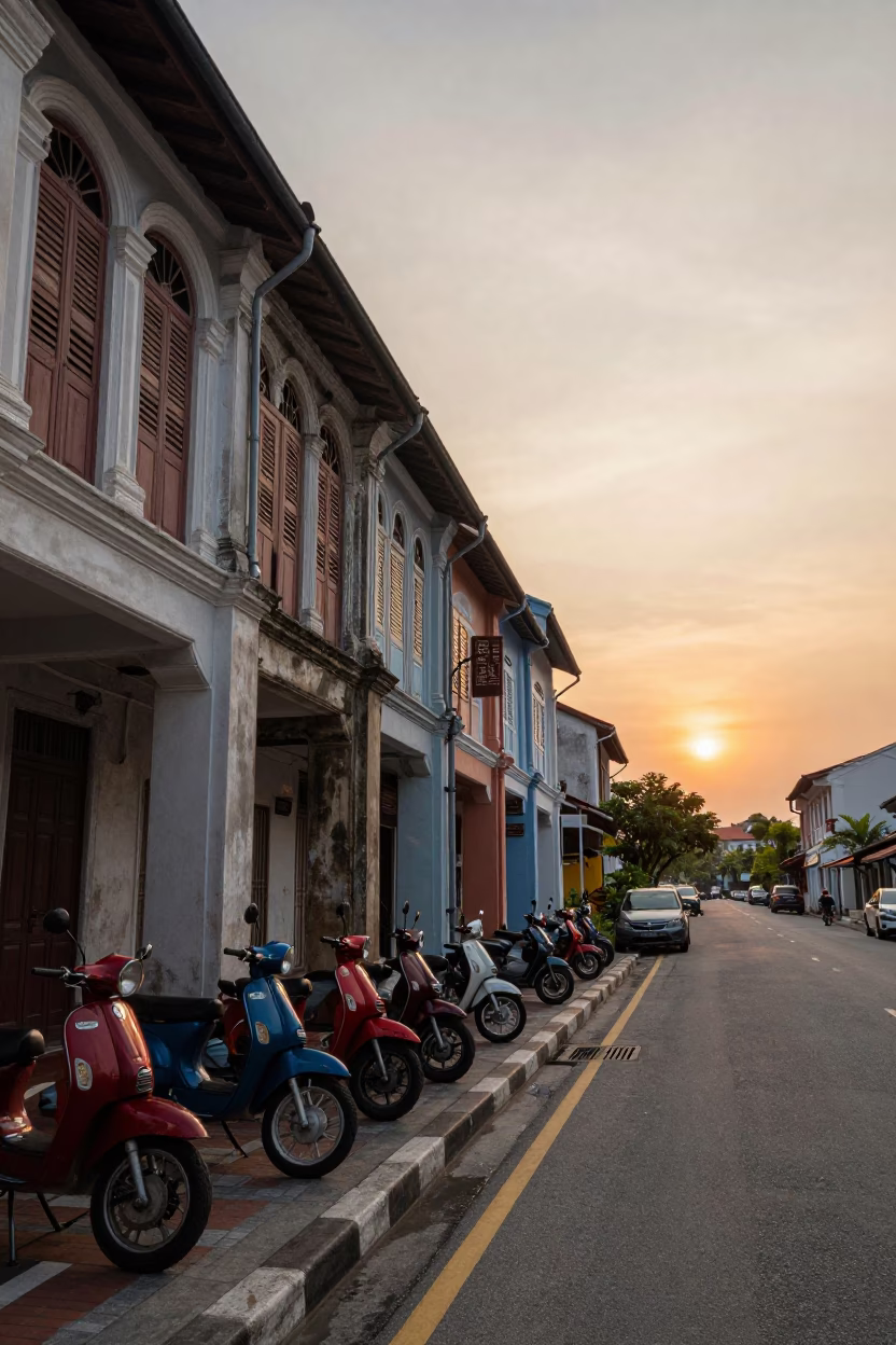 George Town Malaysia street scene at sunset with vintage motorcycles and shophouses in in George Town, Malaysia
