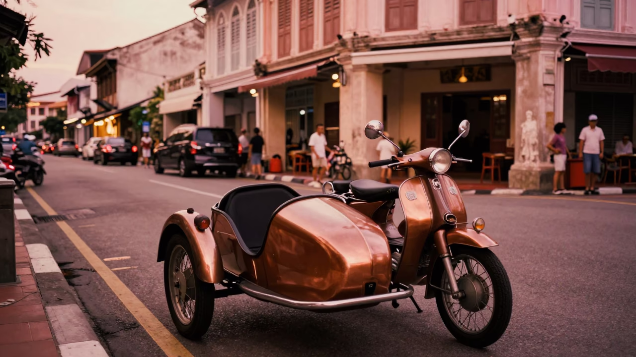 George Town Malaysia street scene before dusk with vintage motorcycle sidecar and local activity in in George Town, Malaysia