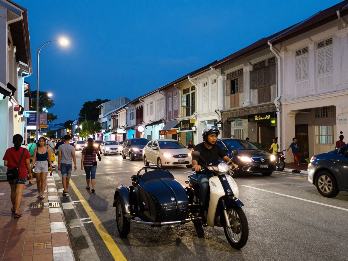 George Town Malaysia Street Scene Blue Hour Evening Traffic and Pedestrians in in George Town, Malaysia