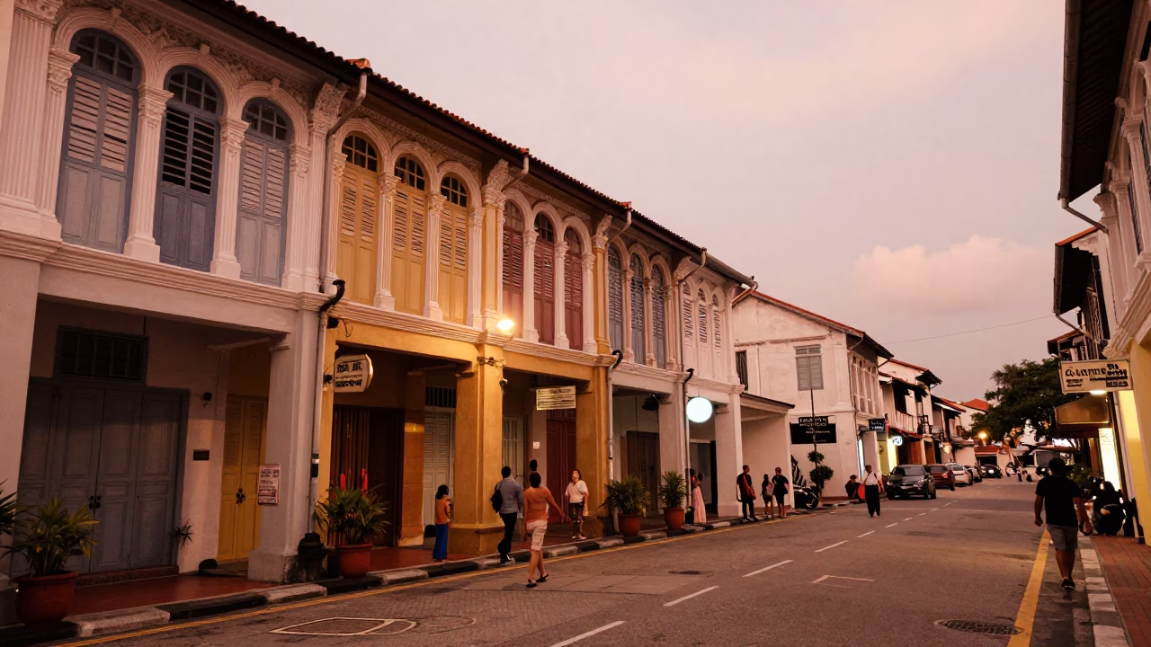 George Town Malaysia Street Scene Copper Dusk Light Pedestrians and Shophouses in in George Town, Malaysia