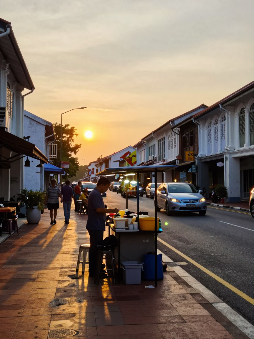 George Town Malaysia Street Scene Evening Light and Local Dining in in George Town, Malaysia