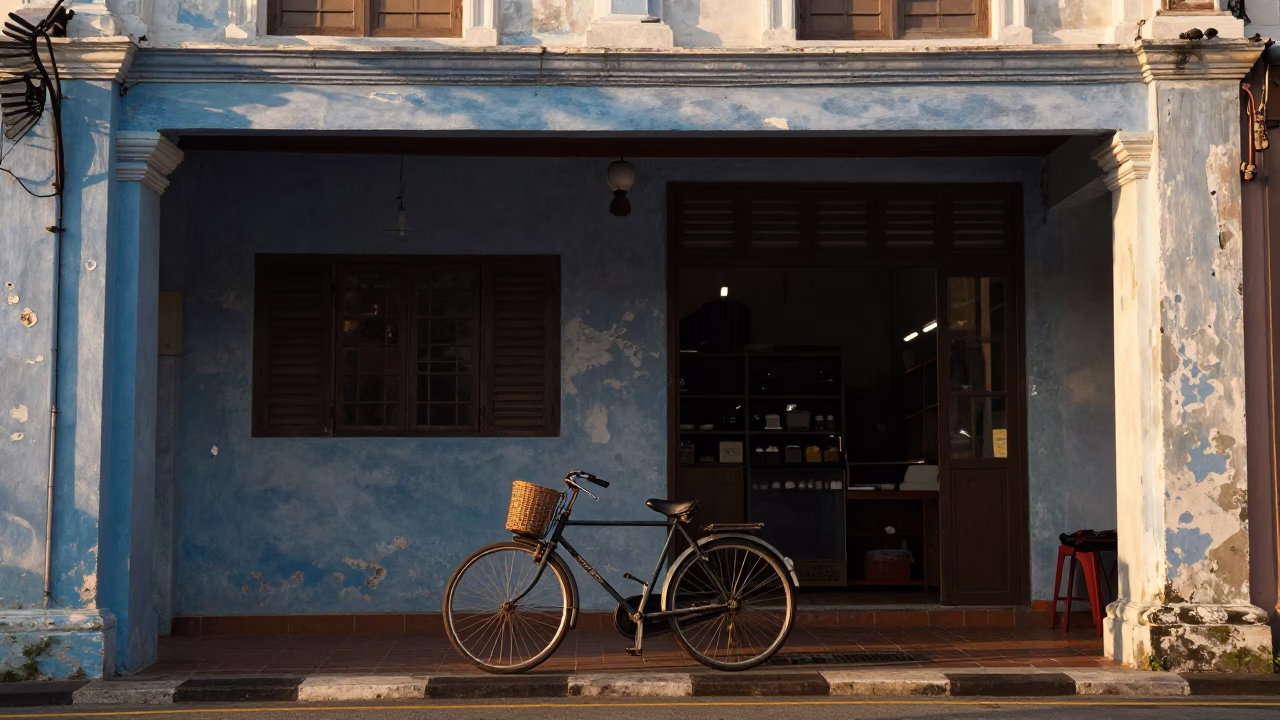George Town Malaysia Street Scene Golden Hour Bicycle and Shopfront in in George Town, Malaysia