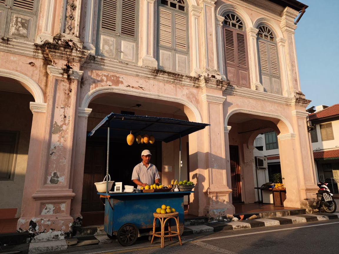 George Town Malaysia Street Scene Golden Hour Mango Vendor and Rattan Stool in in George Town, Malaysia