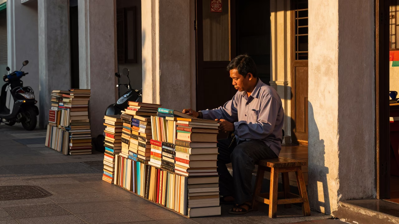 George Town Malaysia Street Scene Golden Hour with Books and Wooden Stool in in George Town, Malaysia