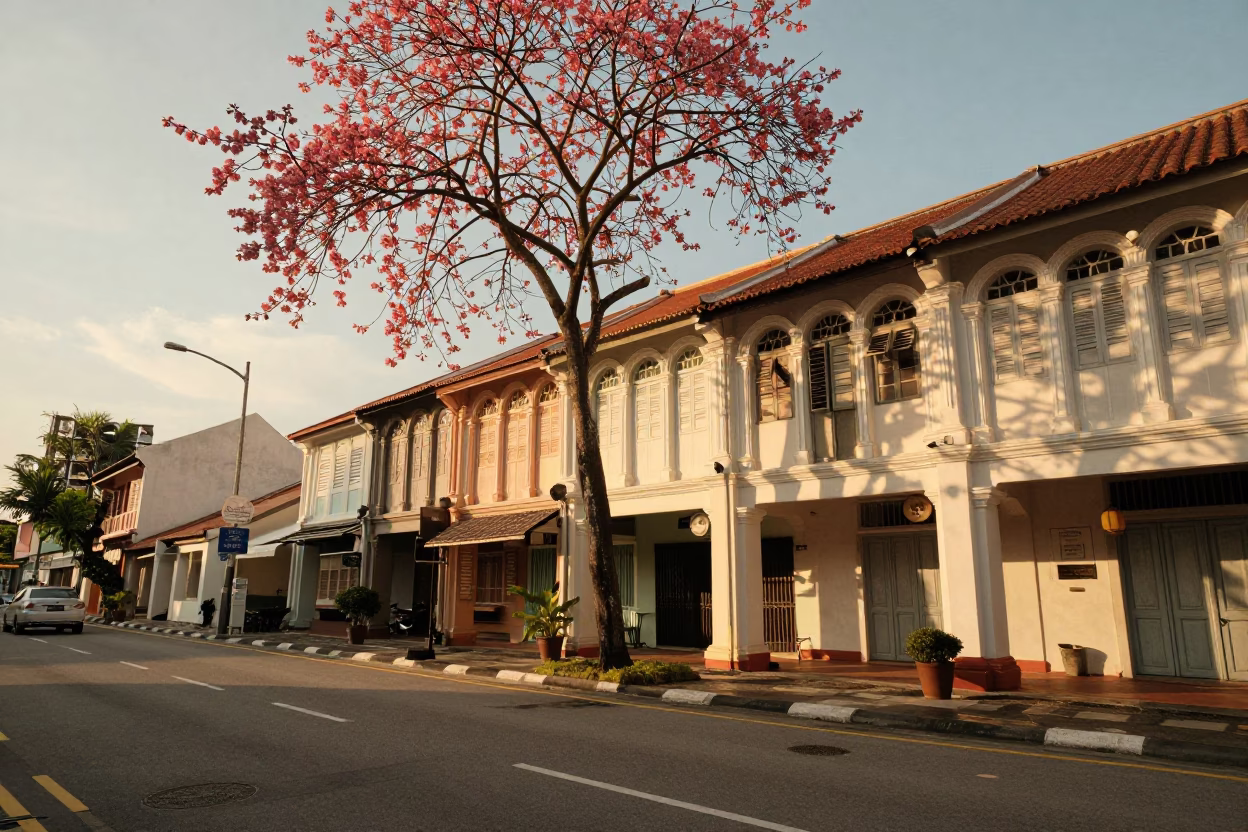 George Town Malaysia Street Scene Golden Hour with Dogwood Tree Shadows and Local Vendor in in George Town, Malaysia