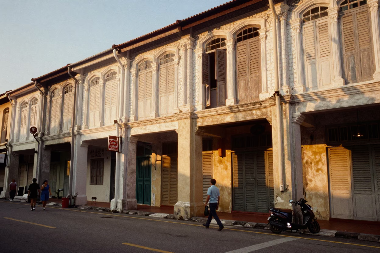 George Town Malaysia Street Scene Honeyed Evening Light with Shuttered Shop Houses in in George Town, Malaysia