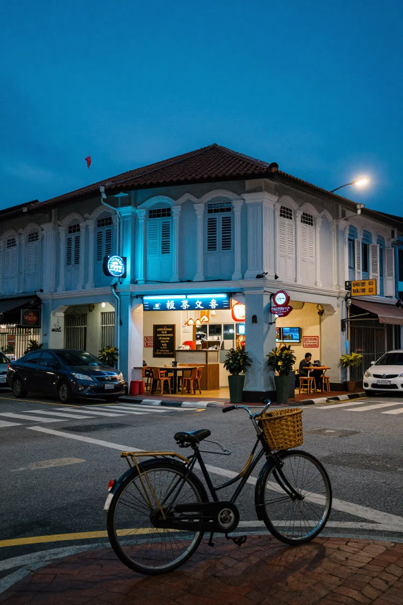 George Town Malaysia street scene indigo twilight with bicycle and woven baskets in in George Town, Malaysia