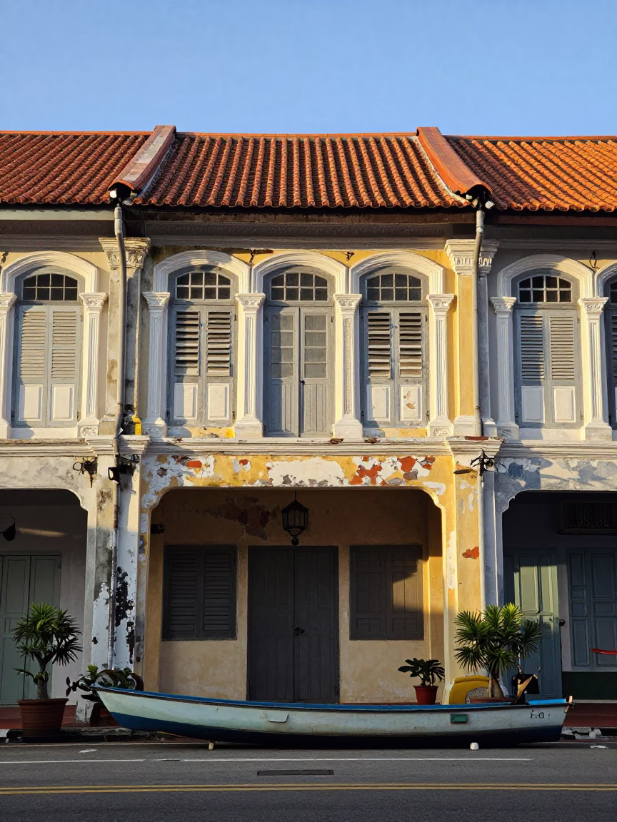 George Town Malaysia Street Scene Morning Light Shophouse Architecture and Local Life in in George Town, Malaysia