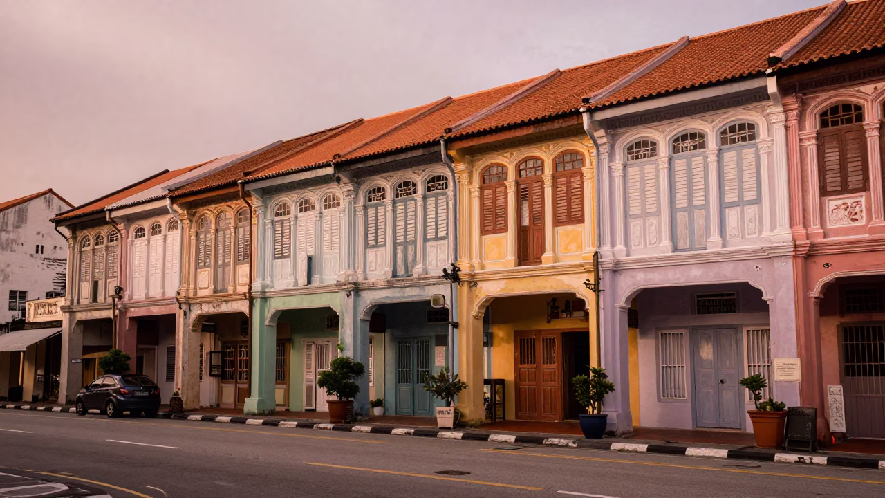 George Town Malaysia Street Scene with Colorful Shop Houses Before Dusk in in George Town, Malaysia