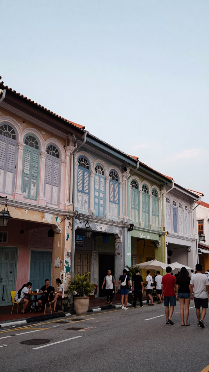 George Town Malaysia Street Scene with Colorful Shophouses and Evening Activity in in George Town, Malaysia