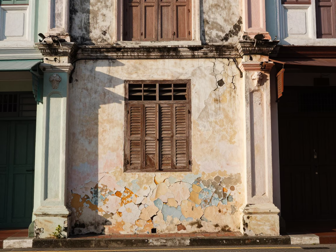 George Town Malaysia Street Scene with Cracked Stucco and Local Life in in George Town, Malaysia