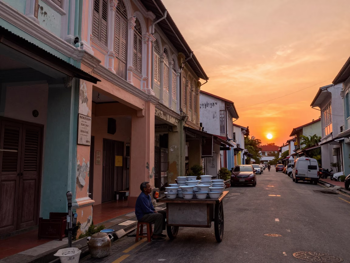 George Town Malaysia street scene with enamel bowls and sunset light in in George Town, Malaysia