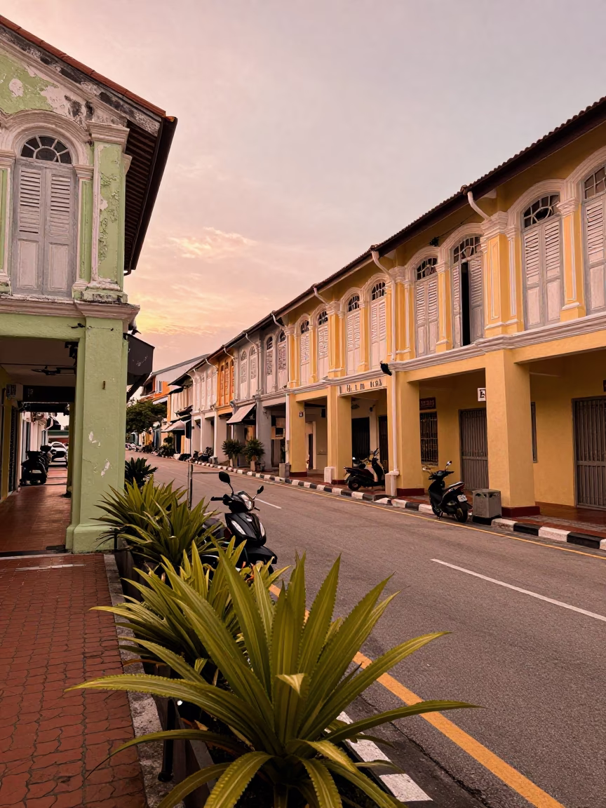 George Town Malaysia Street Scene with Horsetail Plants and Motorcycle Before Dusk in in George Town, Malaysia