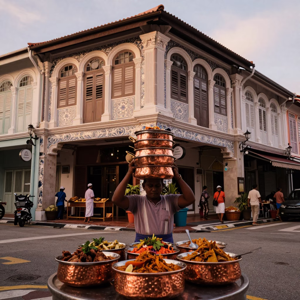 George Town Malaysia Street Scene with Indian Curry Copper Bowls Before Dusk in in George Town, Malaysia