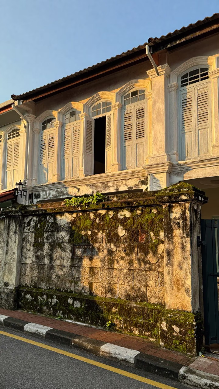 George Town Malaysia Street Scene with Mossy Stone Wall and Vintage Catenary Wires in in George Town, Malaysia