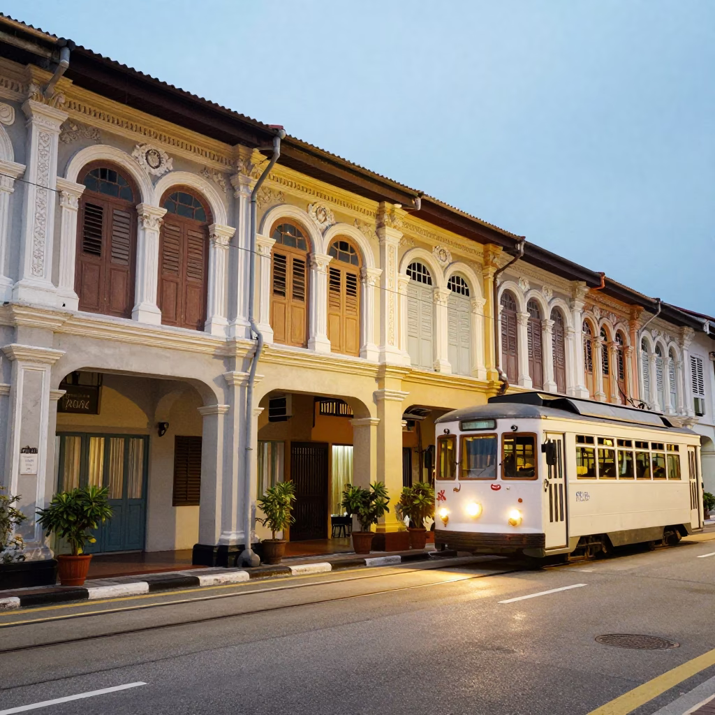 George Town Malaysia Street Scene With Tram And Heritage Architecture At Dusk in in George Town, Malaysia
