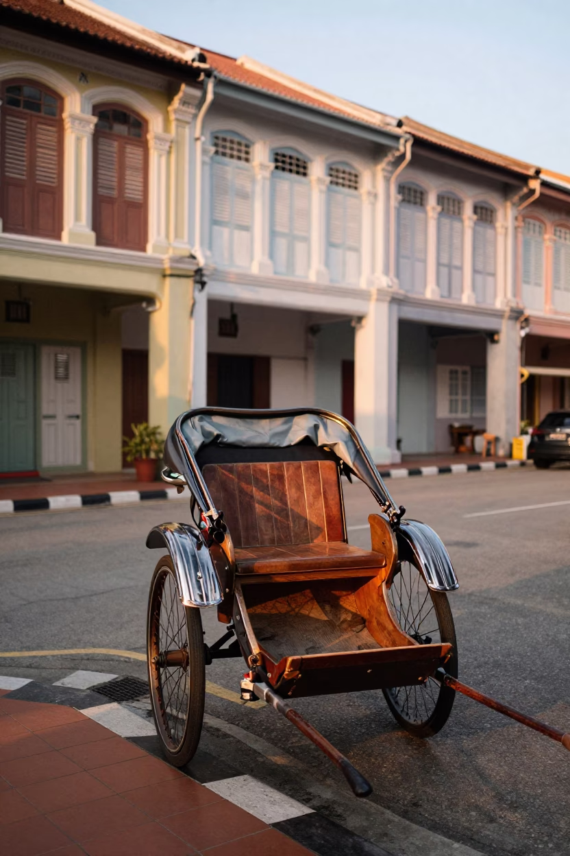 George Town Malaysia street scene with trishaw and heritage shophouses in honeyed evening light in in George Town, Malaysia