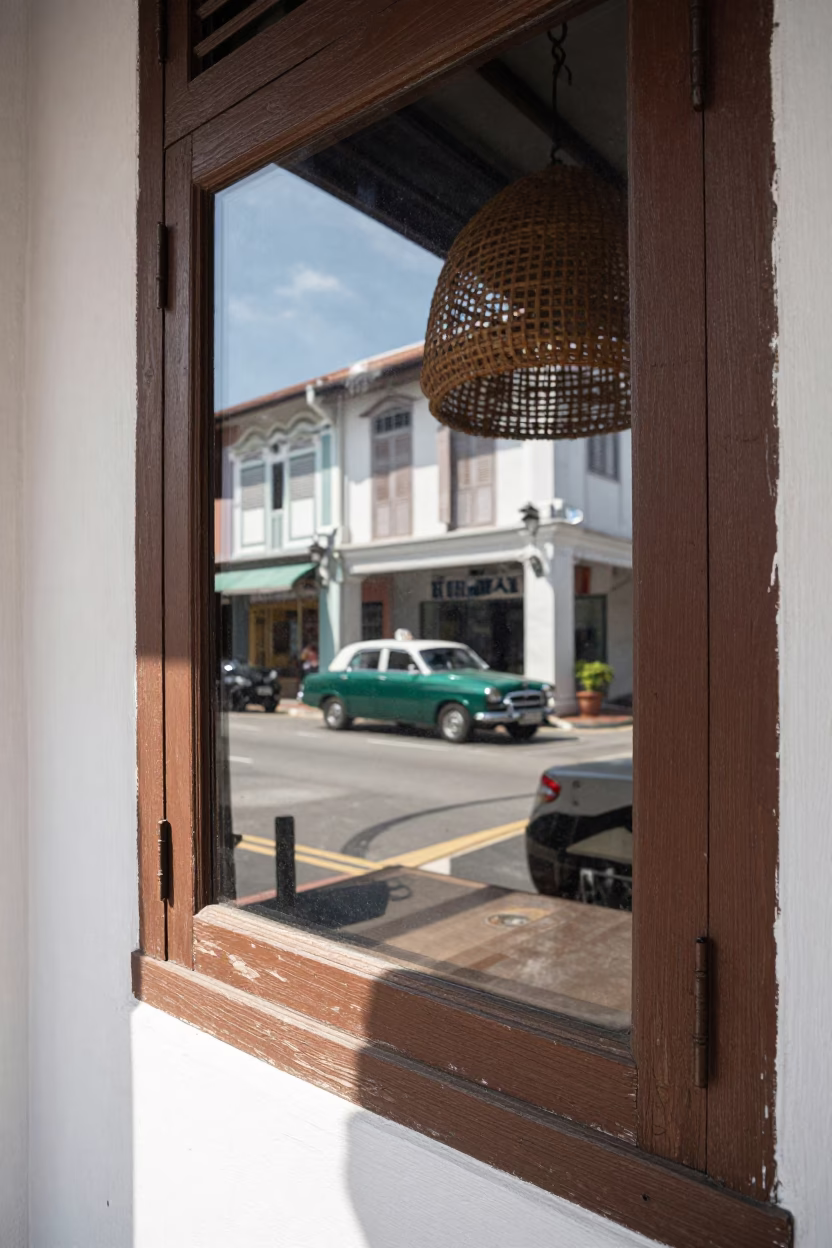 George Town Malaysia Street Scene with Wicker Shadow on Window Glass Midmorning Light in in George Town, Malaysia