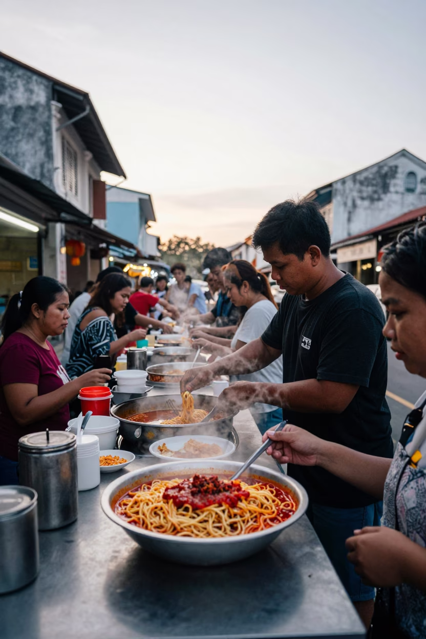 George Town Malaysia street vendor breakfast stall with spicy noodles at dawn in in George Town, Malaysia