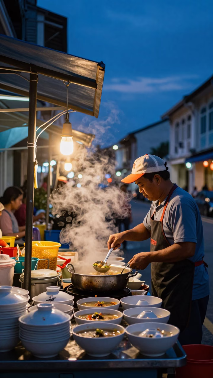 George Town Malaysia Street Vendor Cooking Soup in Indigo Twilight in in George Town, Malaysia