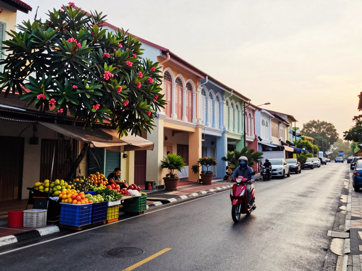 George Town Malaysia Sunrise Street Scene with Scooter and Frangipani Flowers in in George Town, Malaysia