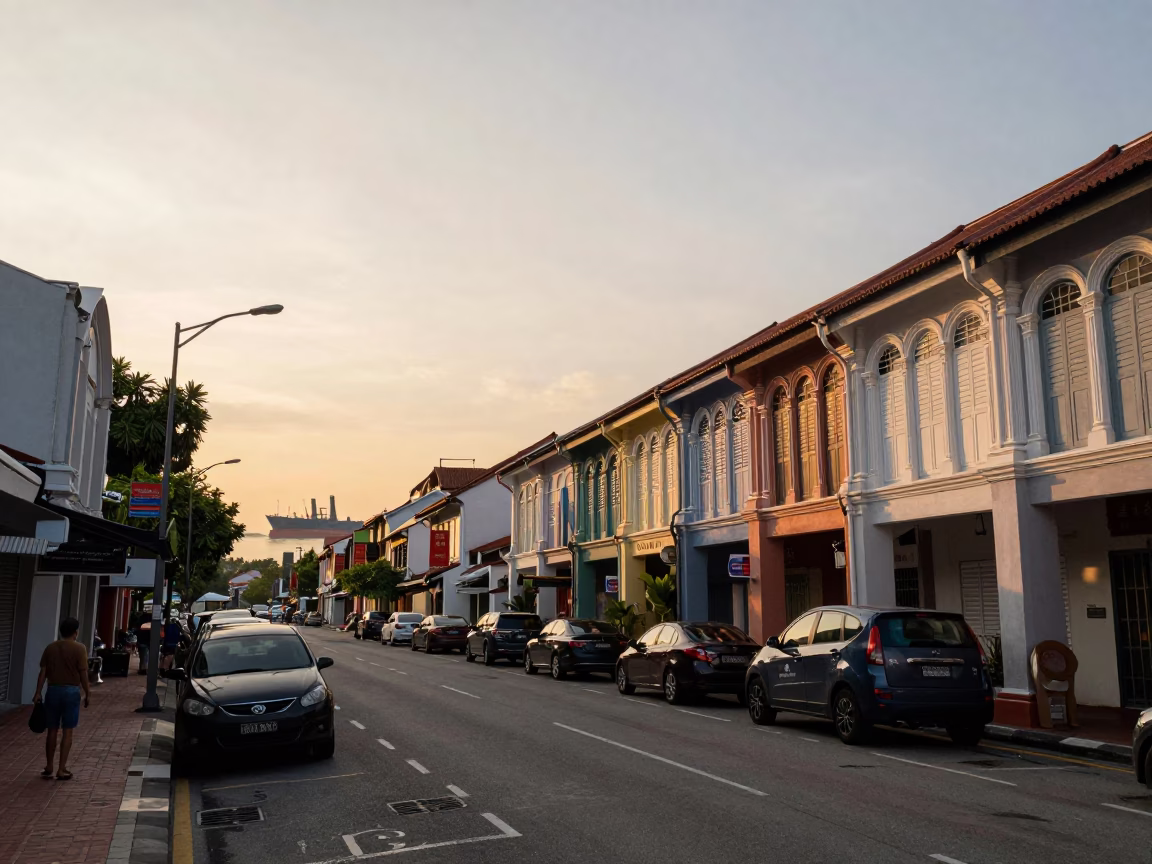 George Town Malaysia Sunset Street Scene with Cargo Ship Horizon and Local Life in in George Town, Malaysia