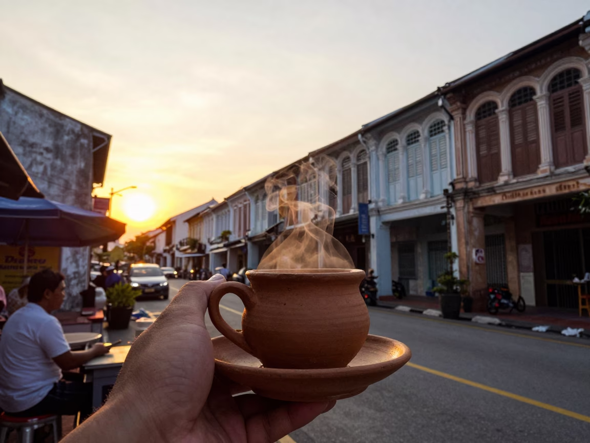George Town Malaysia Sunset Street Scene with Clay Cup of Masala Chai Steaming in in George Town, Malaysia