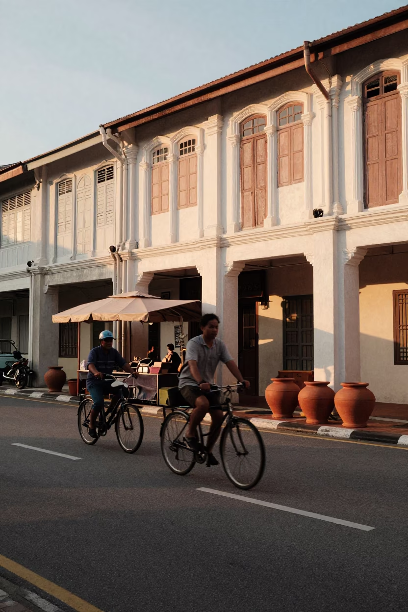 George Town Malaysia Sunset Street Scene with Cyclist and Clay Pots in in George Town, Malaysia