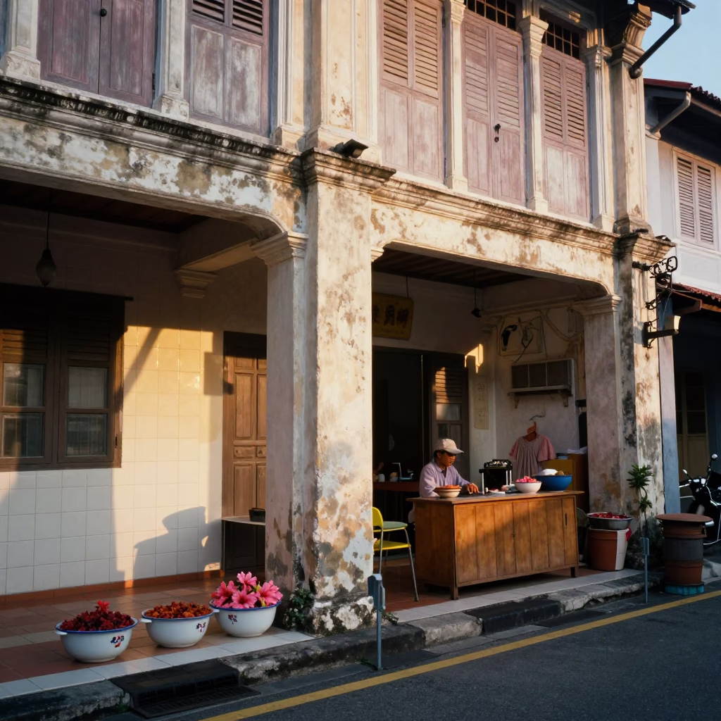 George Town Malaysia Sunset Street Scene with Enamel Bowls and Hibiscus Flower in in George Town, Malaysia