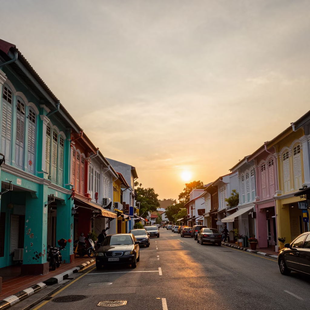 George Town Malaysia Sunset Street Scene with Funicular Railway and Colorful Heritage Architecture in in George Town, Malaysia