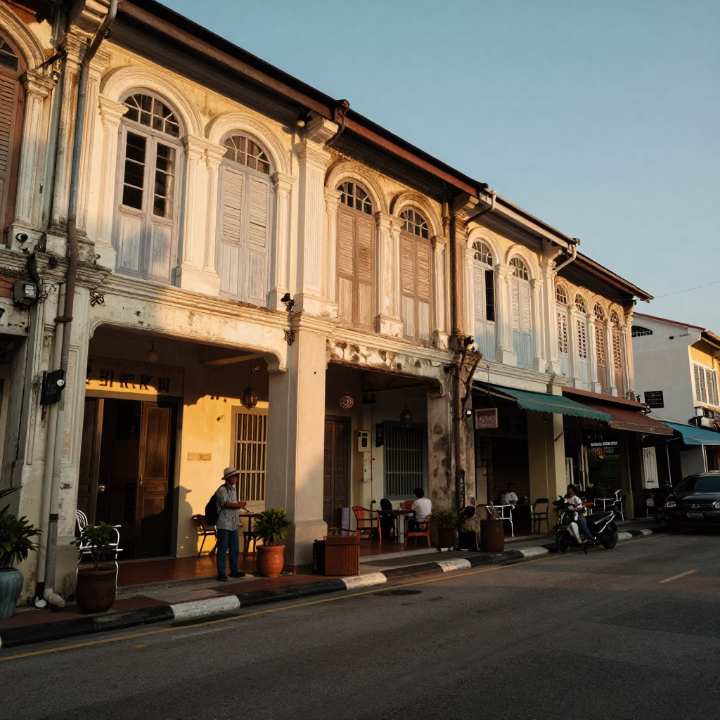 George Town Malaysia Sunset Street Scene with Jar and Local Interaction in in George Town, Malaysia