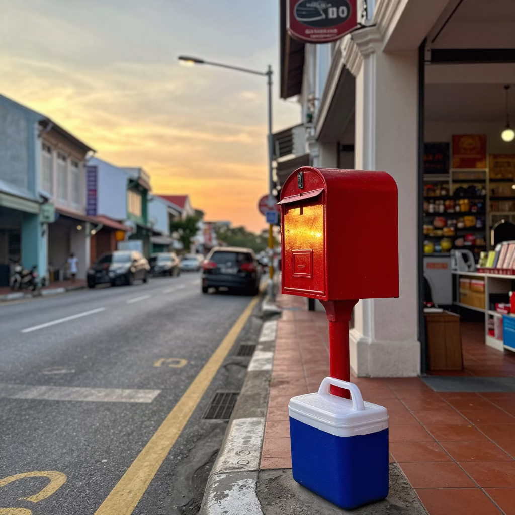 George Town Malaysia Sunset Street Scene with Mailbox and Cooler Jug in in George Town, Malaysia