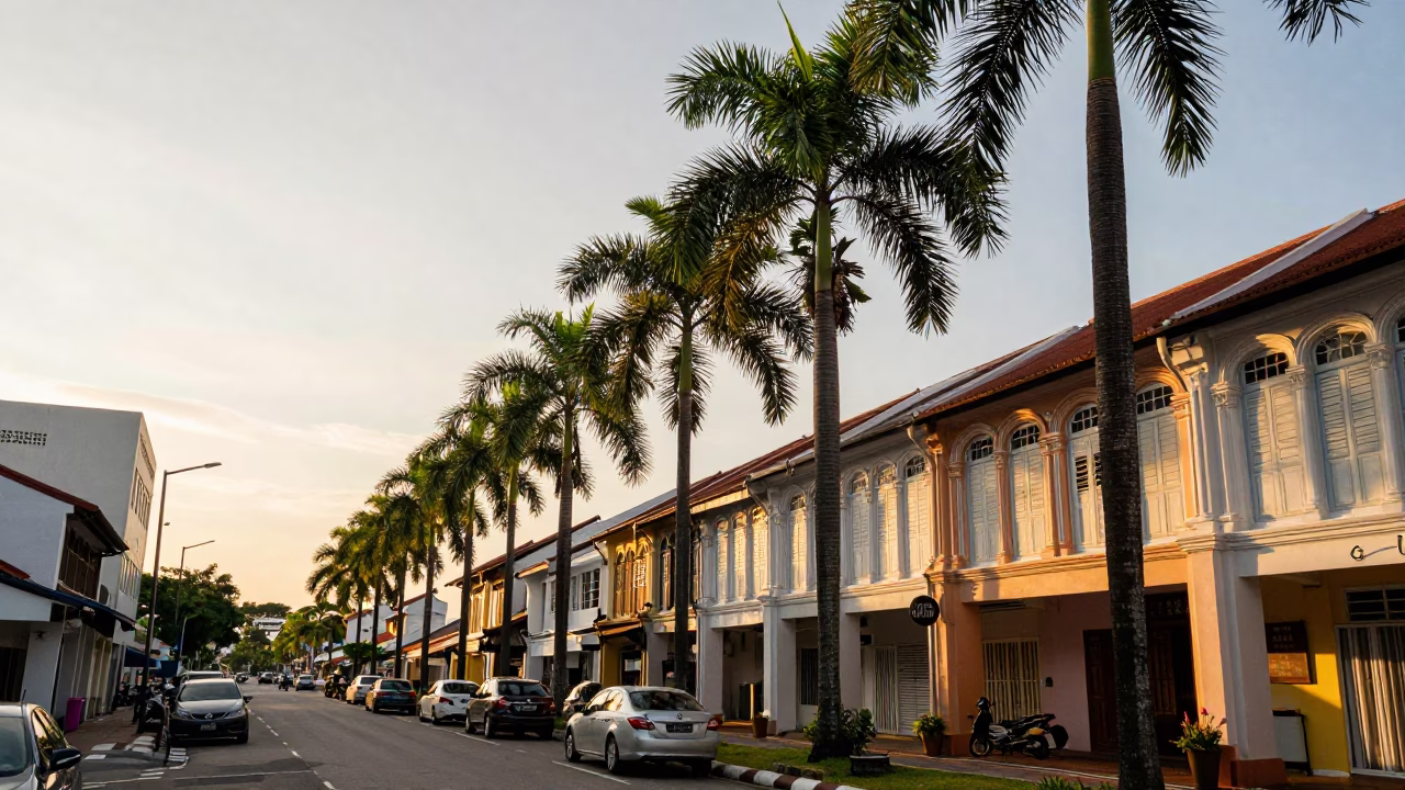 George Town Malaysia Sunset Street Scene with Palm Trees and Local Dining in in George Town, Malaysia