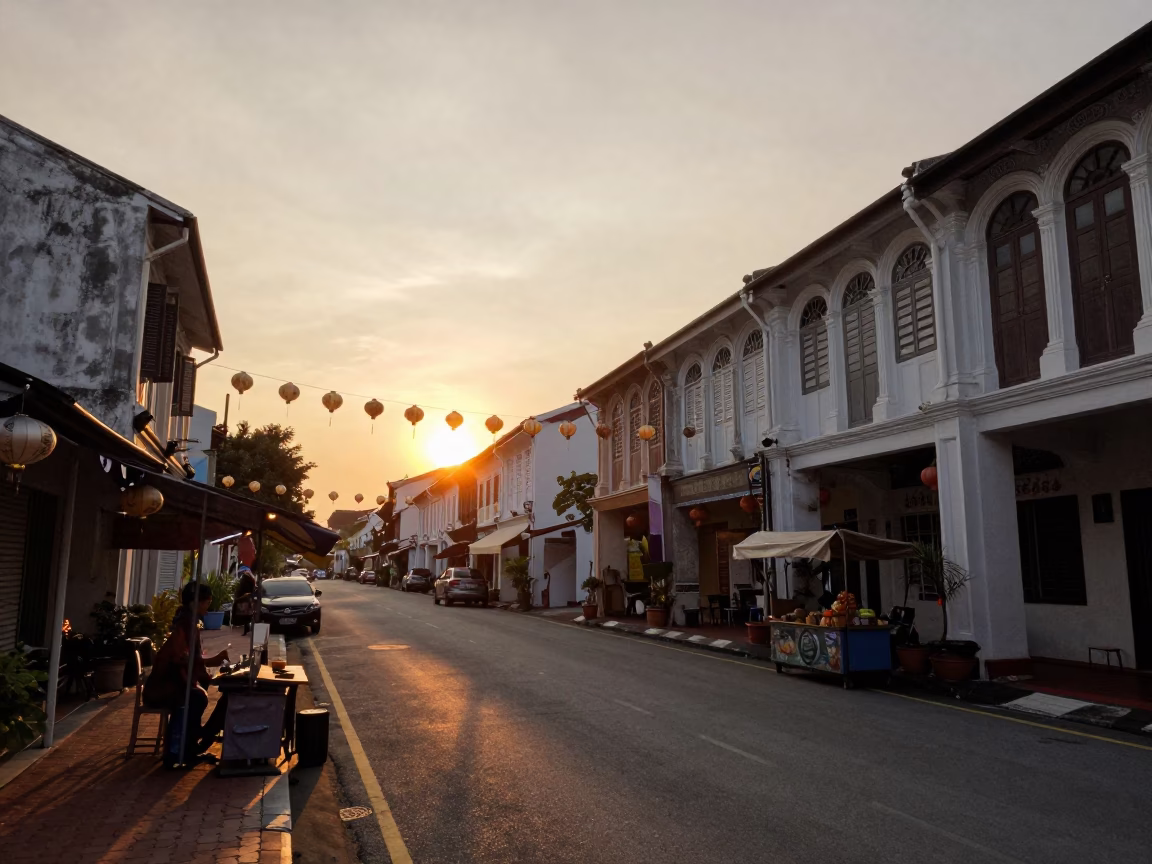 George Town Malaysia Sunset Street Scene with Paper Lanterns and Shophouses in in George Town, Malaysia