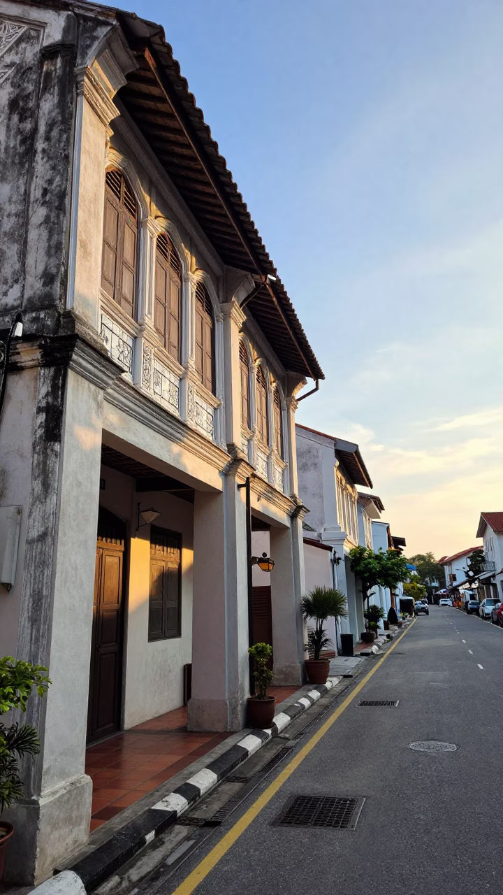 George Town Malaysia Sunset Street Scene with Traditional Architecture and Local Life in in George Town, Malaysia