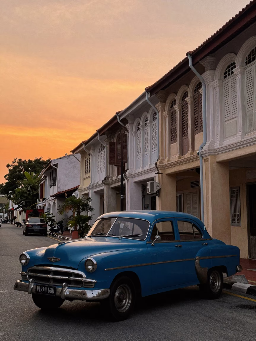 George Town Malaysia Sunset Street Scene with Vintage Car and Local Life in in George Town, Malaysia