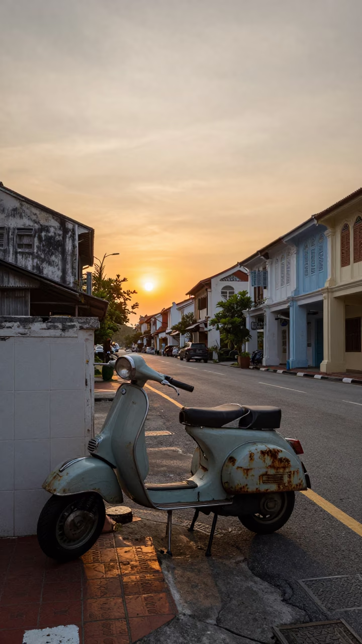 George Town Malaysia Sunset Street Scene with Vintage Vespa and Rusty Bucket in in George Town, Malaysia