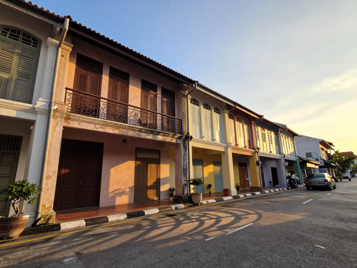 George Town Malaysia Sunset Street Scene with Wicker Shadow and Glass Smudges in in George Town, Malaysia