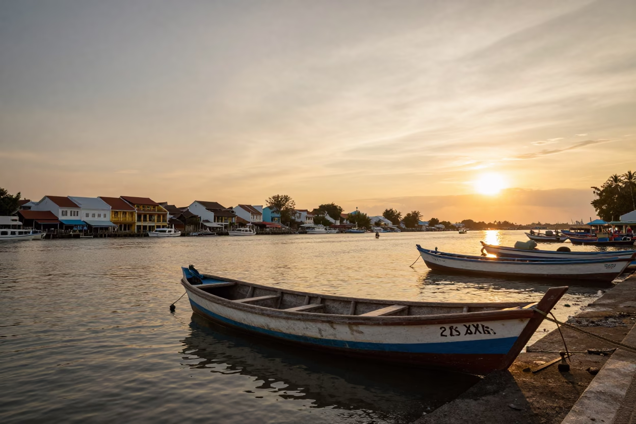 George Town Malaysia Sunset Street Scene with Wooden Fishing Boat at Anchor in in George Town, Malaysia