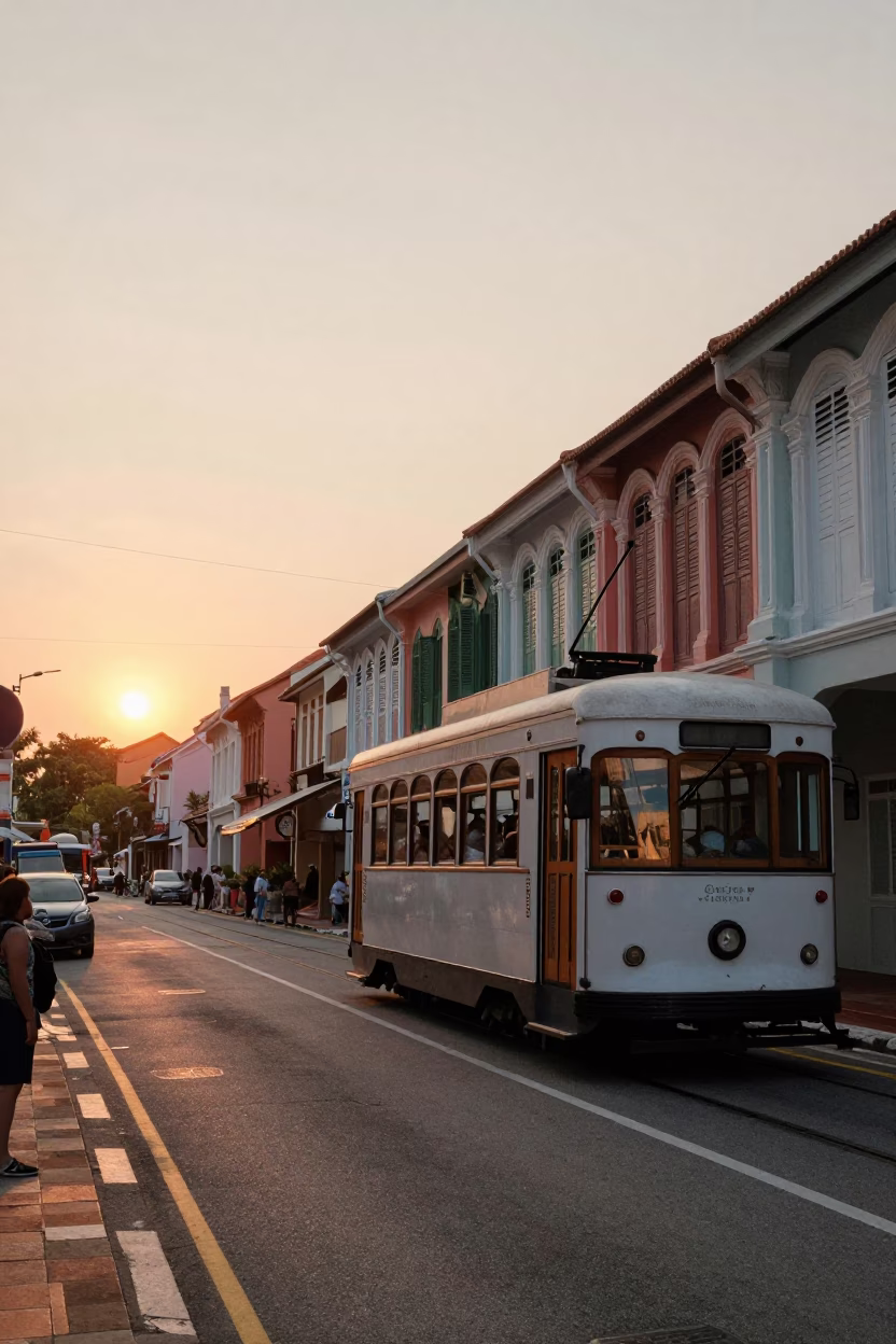 George Town Malaysia Sunset Tram Passing Colorful Heritage Buildings with Latch Details in in George Town, Malaysia