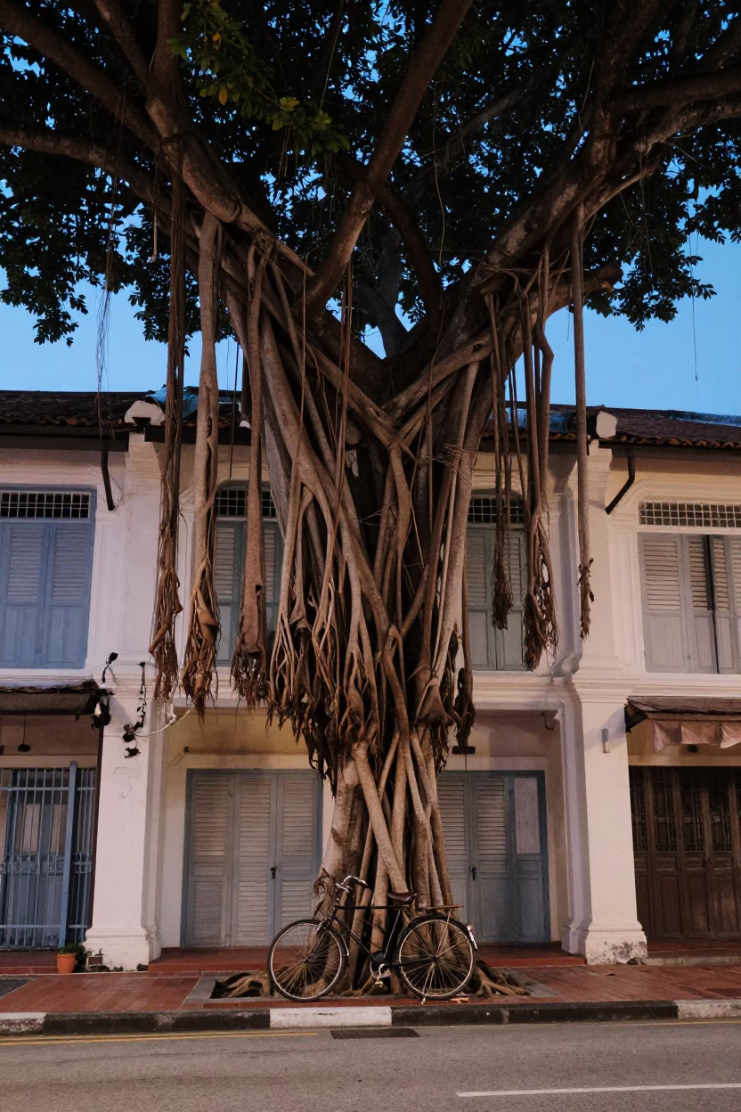 George Town Malaysia Twilight Street Scene with Banyan Tree and Bicycle in in George Town, Malaysia
