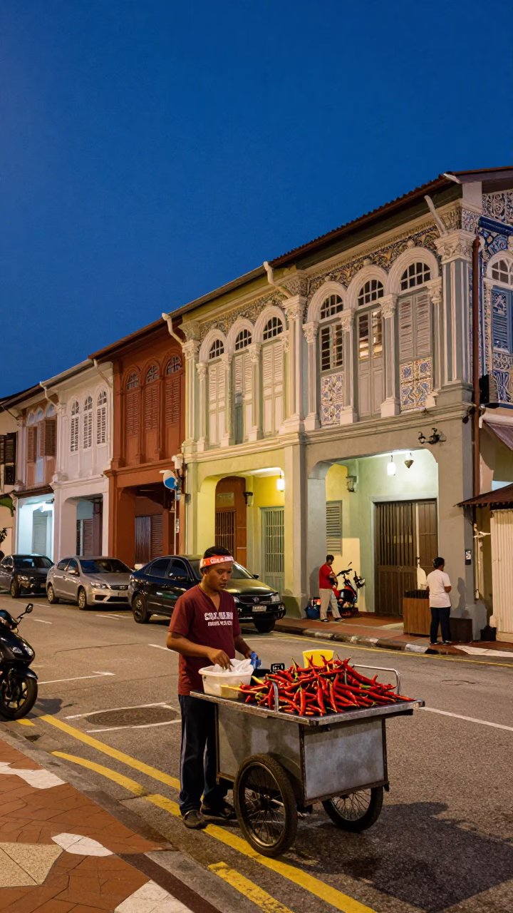 George Town Malaysia Twilight Street Scene with Chili Peppers and Vintage Fashion in in George Town, Malaysia