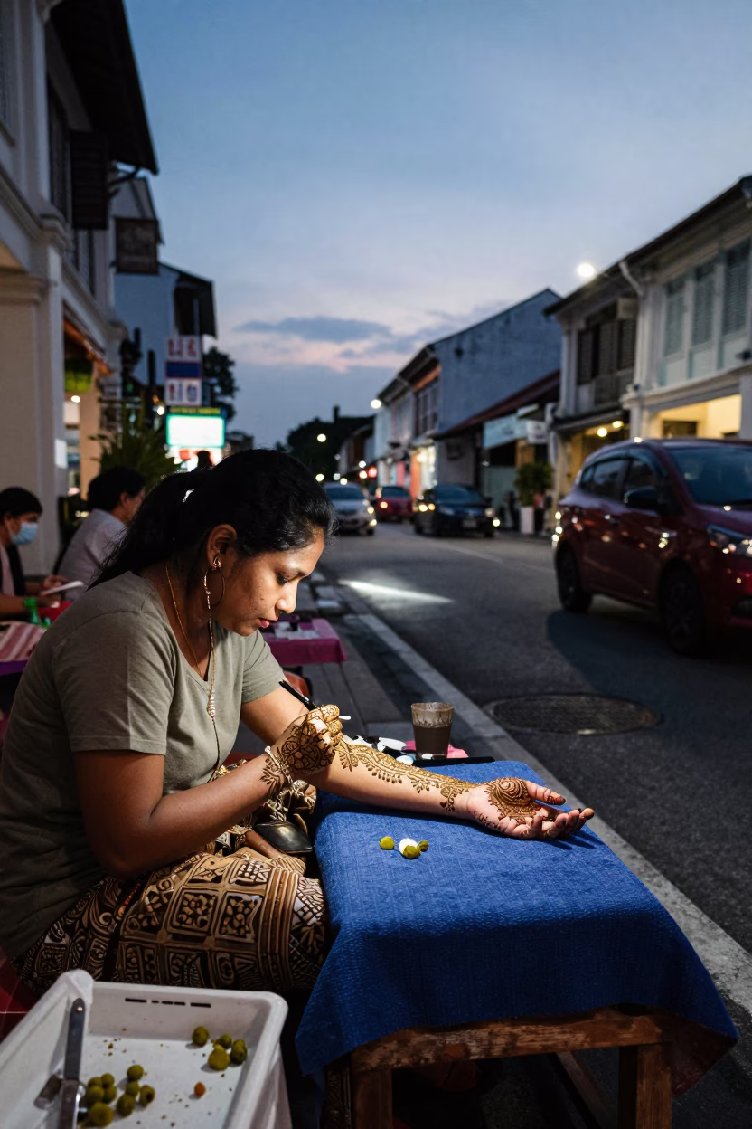 George Town Malaysia Twilight Street Scene with Henna Artist and Gulab Jamun Treats in in George Town, Malaysia